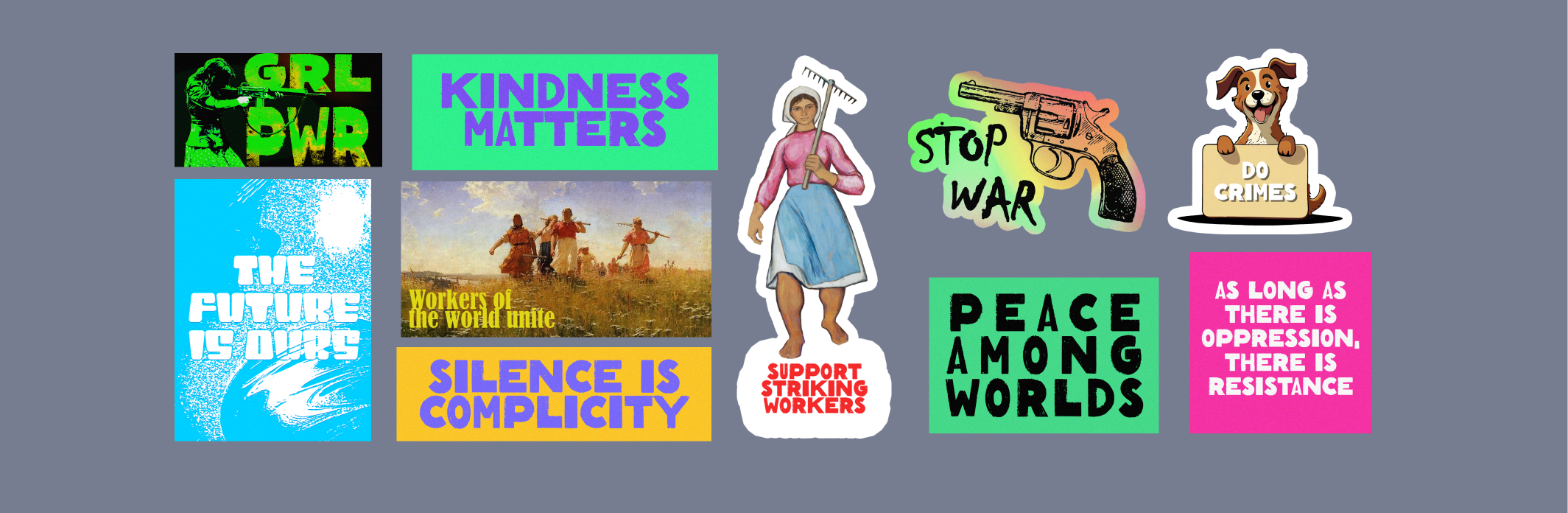 web view of colleciton of activists stickers